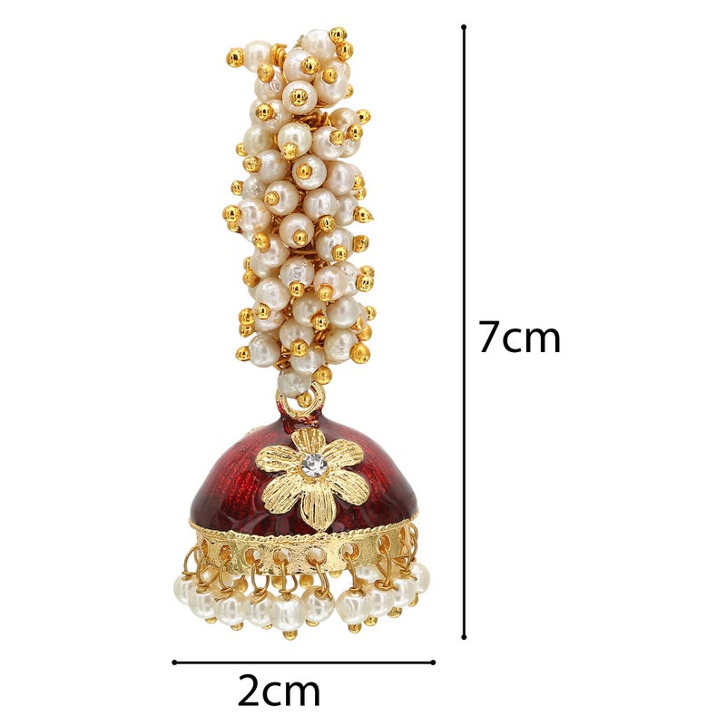 Moonstruck Golden Meenakari Jhumkas With White Pearls For Women (Green) (Maroon) - Image 4